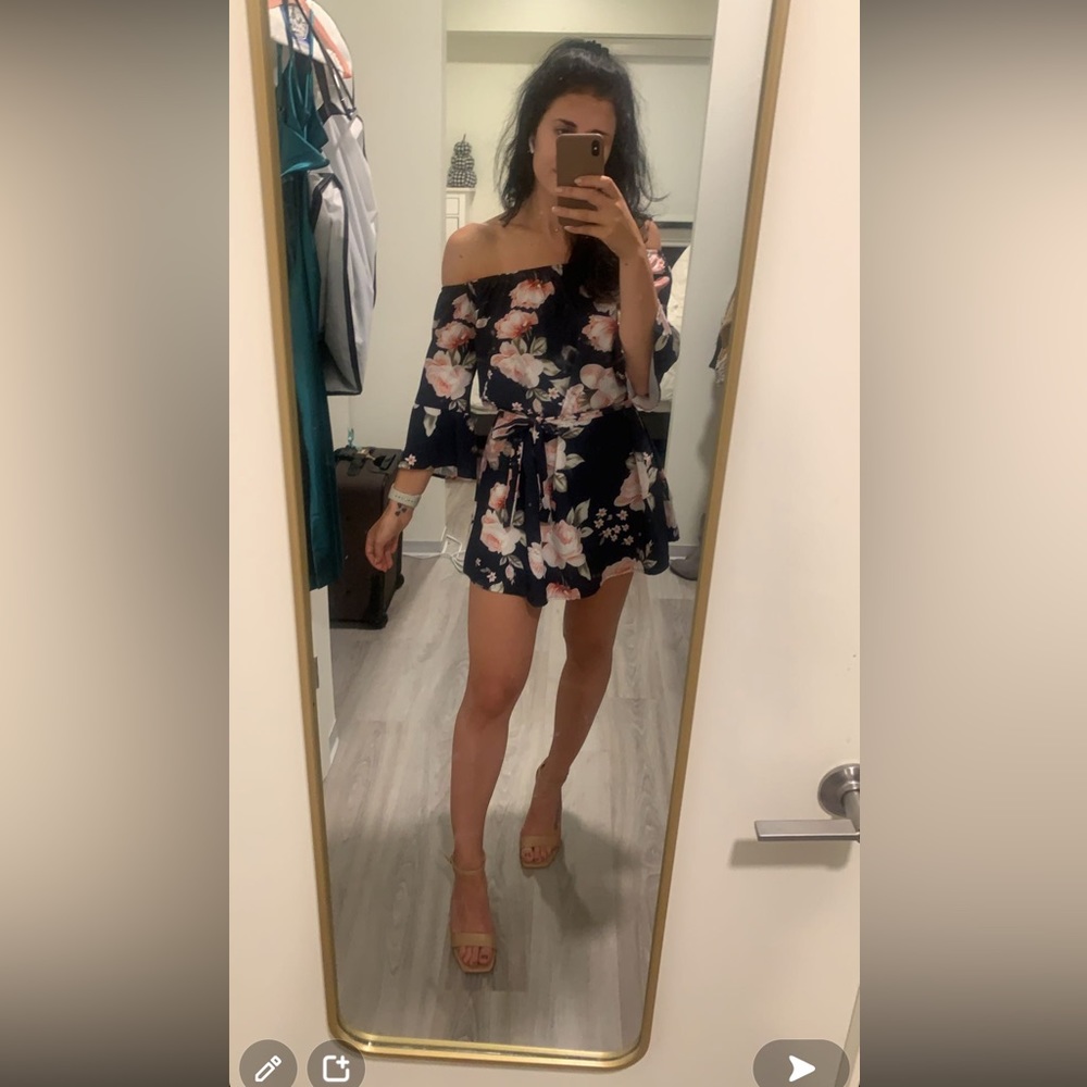 Off the shoulder floral mini dress with tie